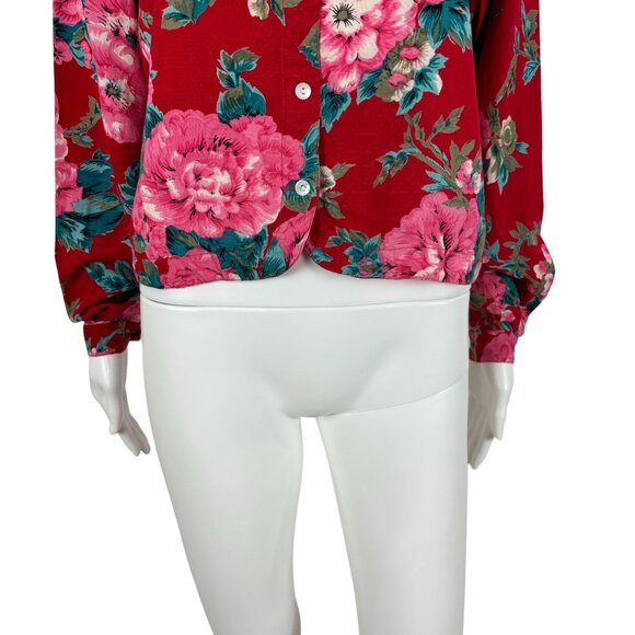 Vintage 90s Floral Blouse Women's Medium Red Pink Print Rayon Necktie Top - Picture 4 of 11